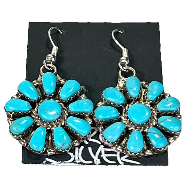 Navajo JB Sterling Silver Turquoise Cluster Dangle Earrings Junior Begay NEW - Picture 1 of 13